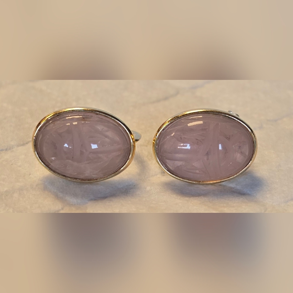 Krementz Rose Quartz Scarab Screw Back Earrings